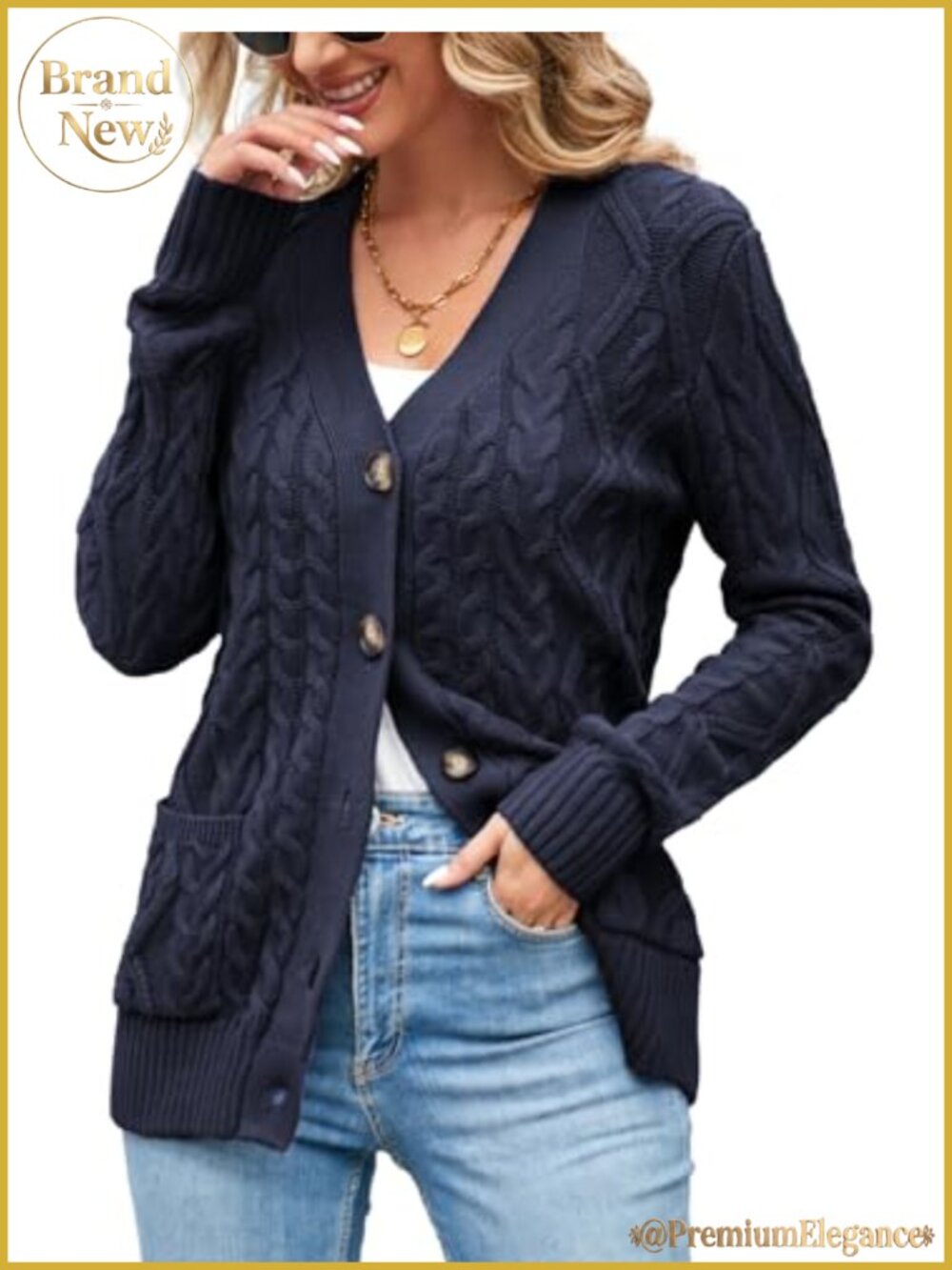 Womens Chunky Cable Knit Button Up Cardigan Long Sleeve V-Neck Sweater